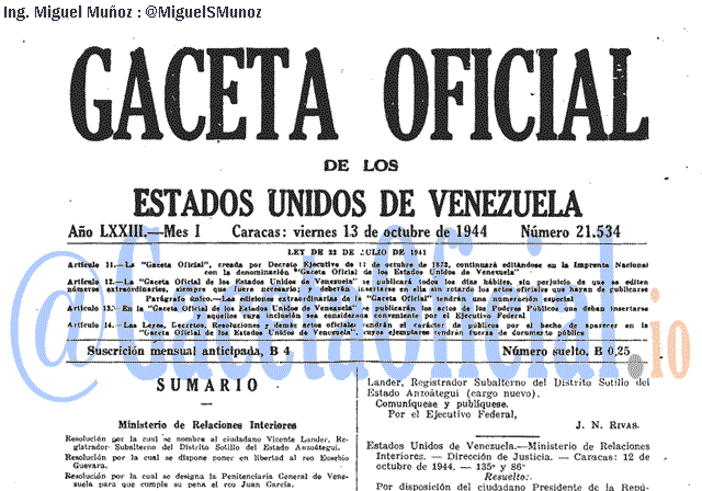 Gaceta Oficial 21534 del 13 Octubre 1944