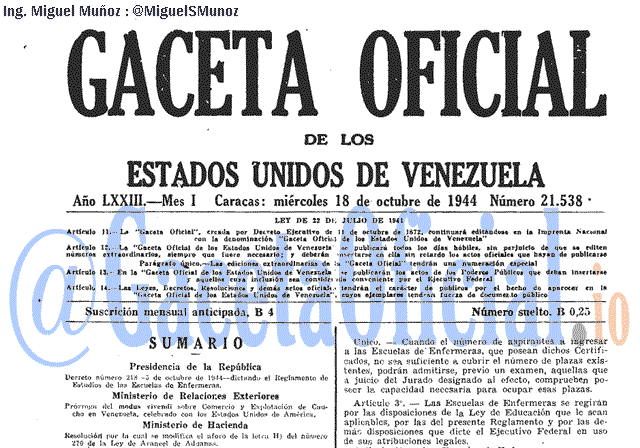 Gaceta Oficial 21538 del 18 Octubre 1944