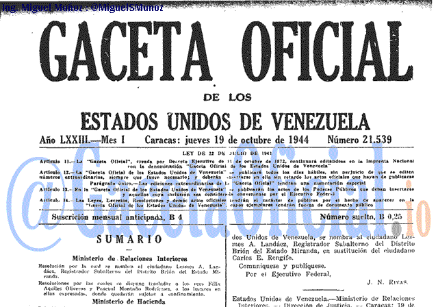 Gaceta Oficial 21539 del 19 Octubre 1944