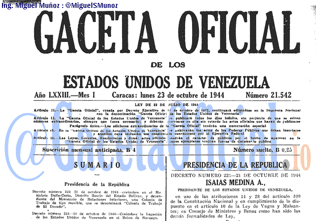 Gaceta Oficial 21542 del 23 Octubre 1944