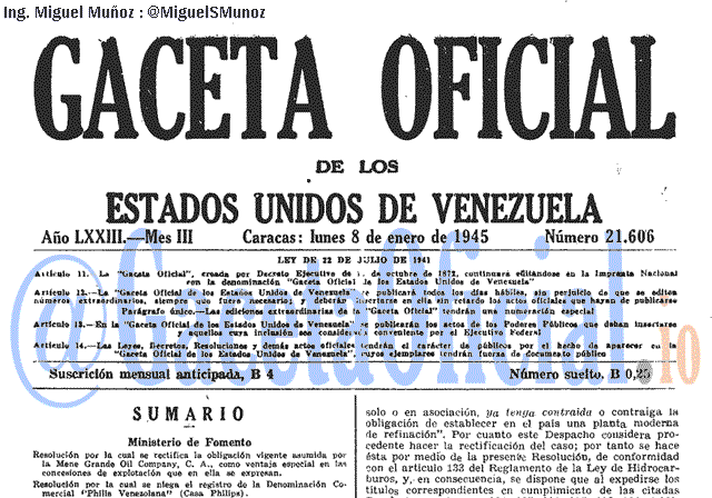 Gaceta Oficial 21606 del 8 Enero 1945