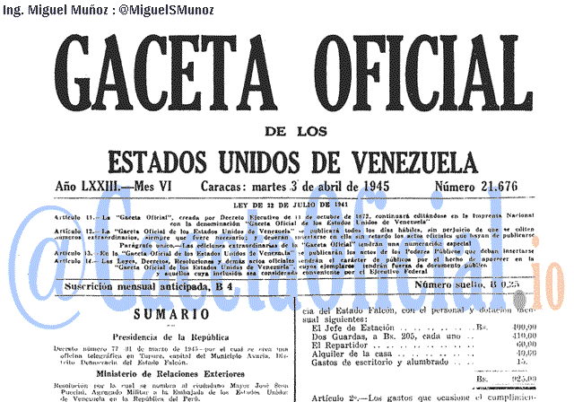Gaceta Oficial 21676 del 3 Abril 1945