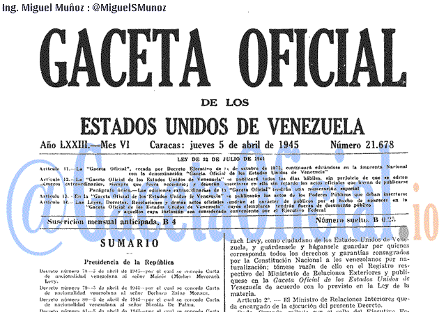 Gaceta Oficial 21678 del 5 Abril 1945