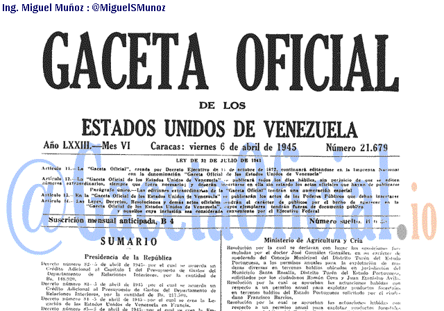 Gaceta Oficial 21679 del 6 Abril 1945