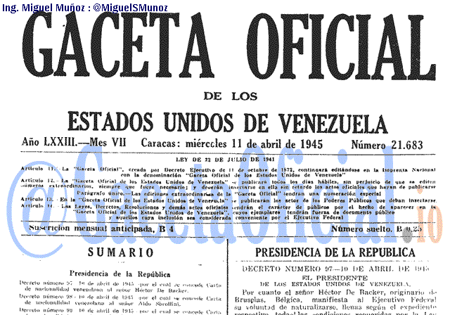 Gaceta Oficial 21683 del 11 Abril 1945