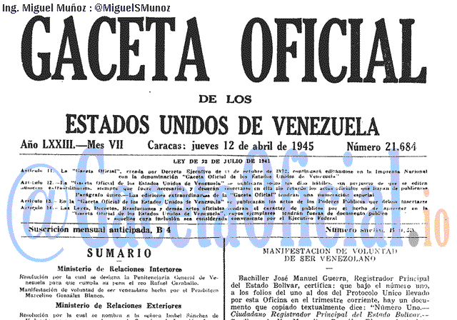 Gaceta Oficial 21684 del 12 Abril 1945