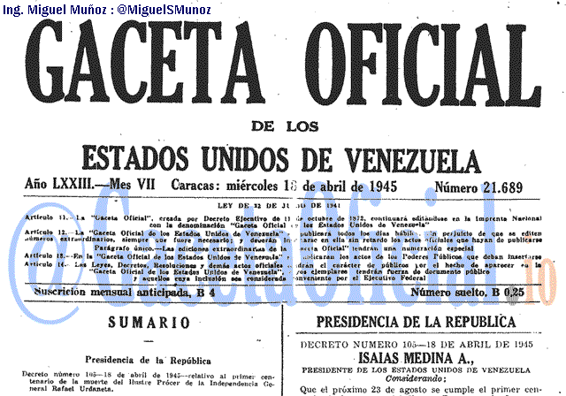 Gaceta Oficial 21689 del 18 Abril 1945