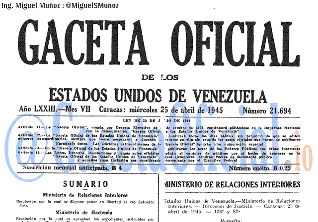 Gaceta Oficial 21694 del 25 Abril 1945