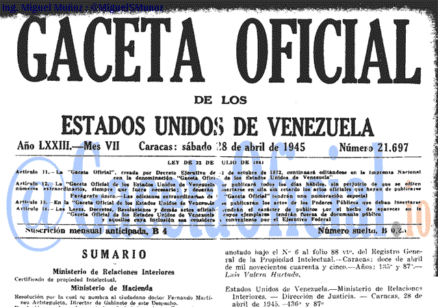 Gaceta Oficial 21697 del 28 Abril 1945