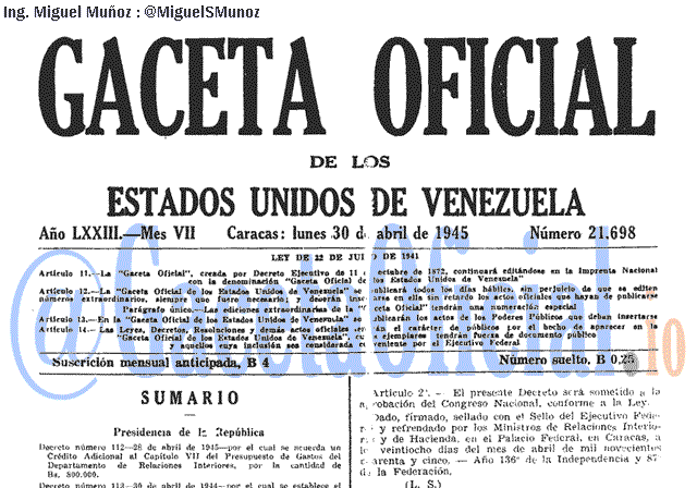 Gaceta Oficial 21698 del 30 Abril 1945