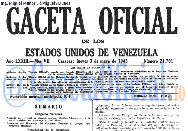 Gaceta Oficial 21701 del 3 Mayo 1945
