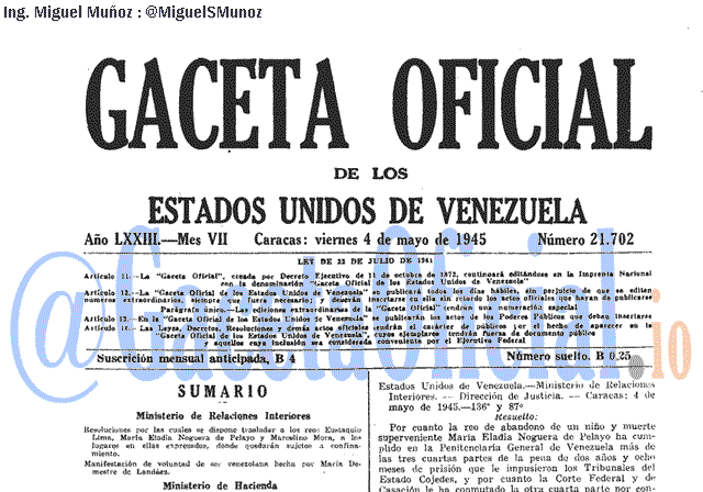 Gaceta Oficial 21702 del 4 Mayo 1945