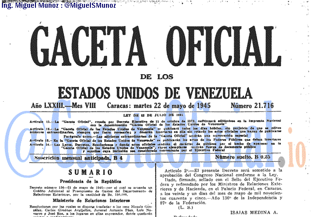 Gaceta Oficial 21716 del 22 Mayo 1945