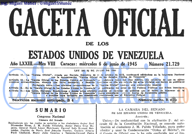 Gaceta Oficial 21729 del 6 Junio 1945
