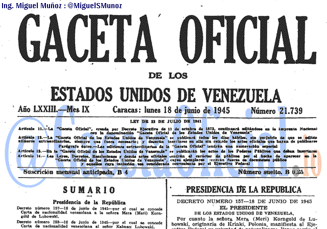 Gaceta Oficial 21739 del 18 Junio 1945