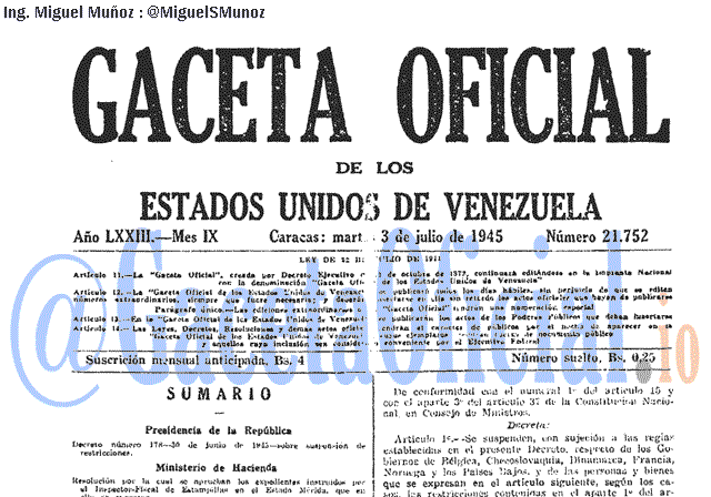 Gaceta Oficial 21752 del 3 Julio 1945