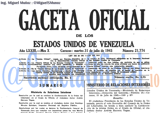 Gaceta Oficial 21774 del 31 Julio 1945