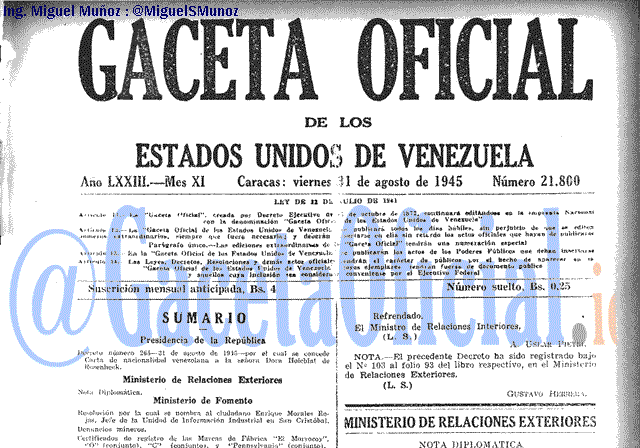 Gaceta Oficial 21800 del 31 Agosto 1945