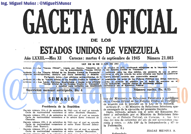Gaceta Oficial 21803 del 4 Septiembre 1945