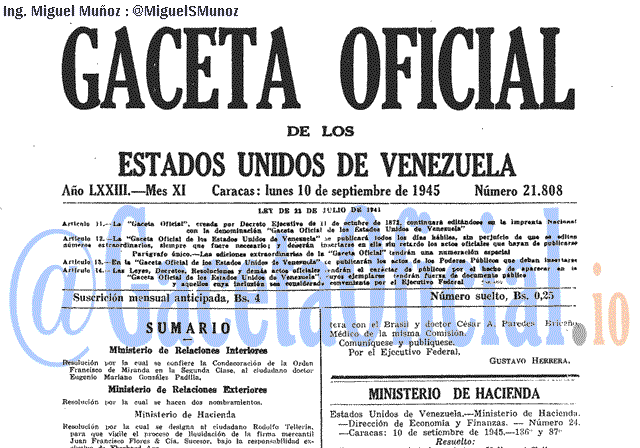 Gaceta Oficial 21808 del 10 Septiembre 1945