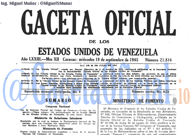 Gaceta Oficial 21816 del 19 Septiembre 1945
