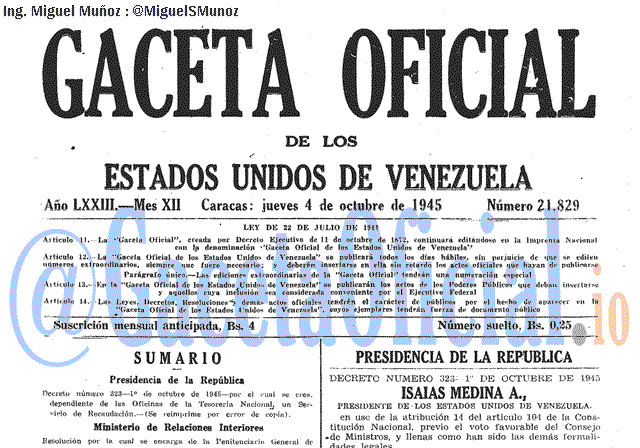 Gaceta Oficial 21829 del 4 Octubre 1945