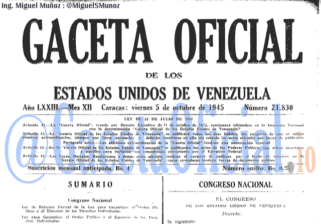 Gaceta Oficial 21830 del 5 Octubre 1945