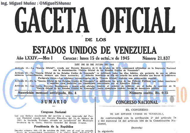 Gaceta Oficial 21837 del 15 Octubre 1945