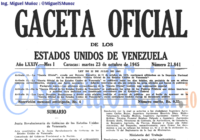 Gaceta Oficial 21841 del 23 Octubre 1945
