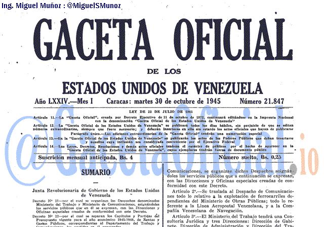 Gaceta Oficial 21847 del 30 Octubre 1945