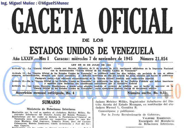 Gaceta Oficial 21854 del 7 Noviembre 1945