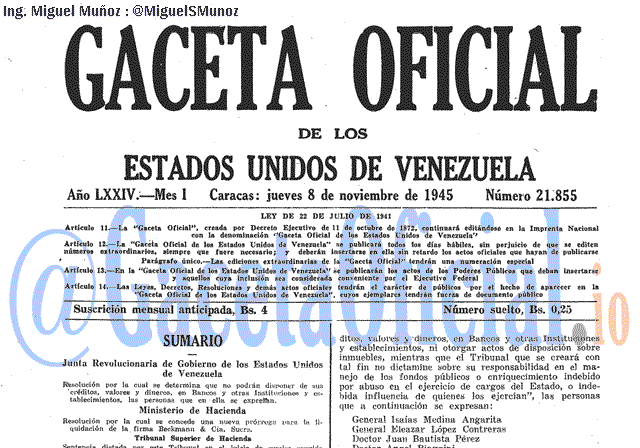 Gaceta Oficial 21855 del 8 Noviembre 1945