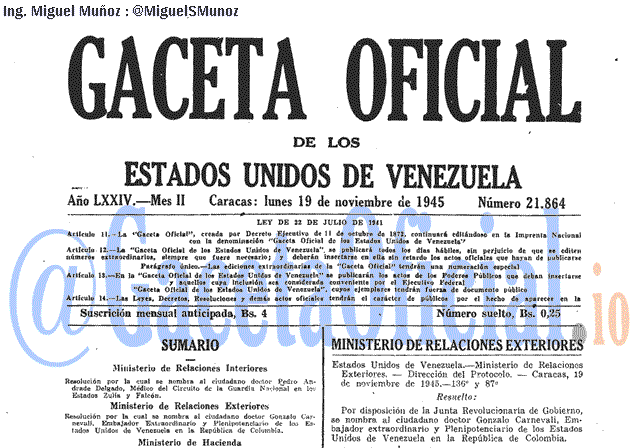Gaceta Oficial 21864 del 19 Noviembre 1945