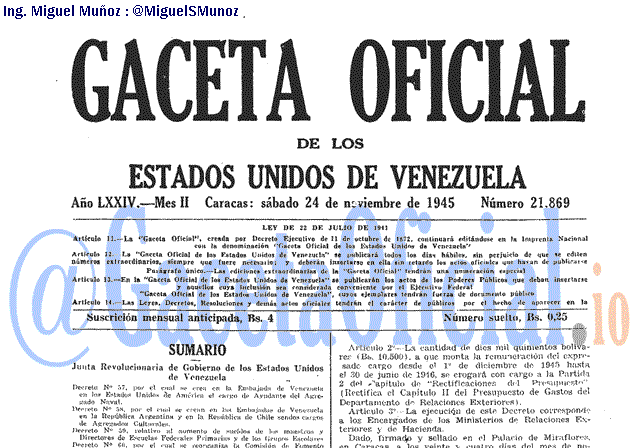 Gaceta Oficial 21869 del 24 Noviembre 1945