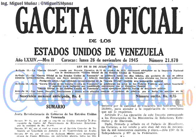 Gaceta Oficial 21870 del 26 Noviembre 1945