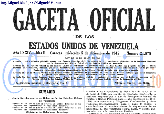 Gaceta Oficial 21878 del 5 Diciembre 1945