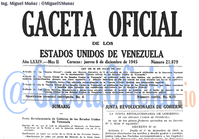 Gaceta Oficial 21879 del 6 Diciembre 1945