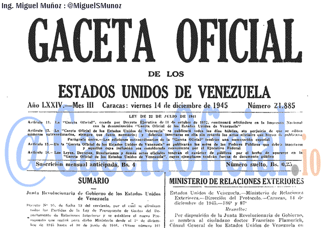 Gaceta Oficial 21885 del 14 Diciembre 1945