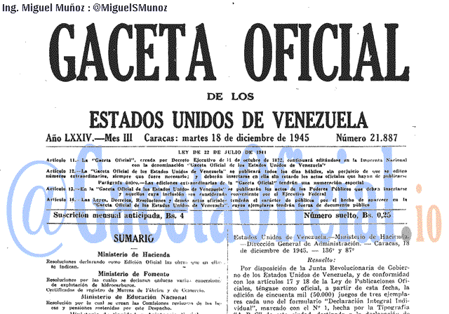 Gaceta Oficial 21887 del 18 Diciembre 1945