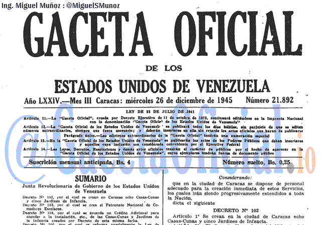 Gaceta Oficial 21892 del 26 Diciembre 1945