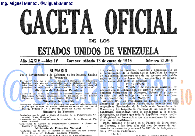 Gaceta Oficial 21906 del 12 Enero 1946