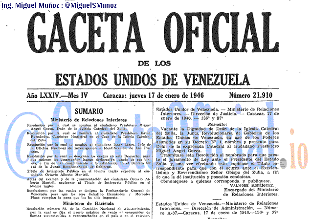 Gaceta Oficial 21910 del 17 Enero 1946