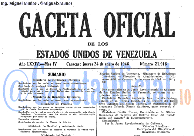 Gaceta Oficial 21916 del 24 Enero 1946