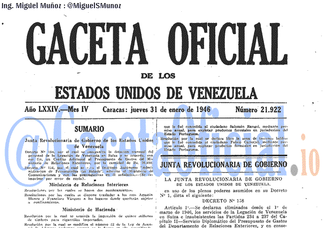 Gaceta Oficial 21922 del 31 Enero 1946