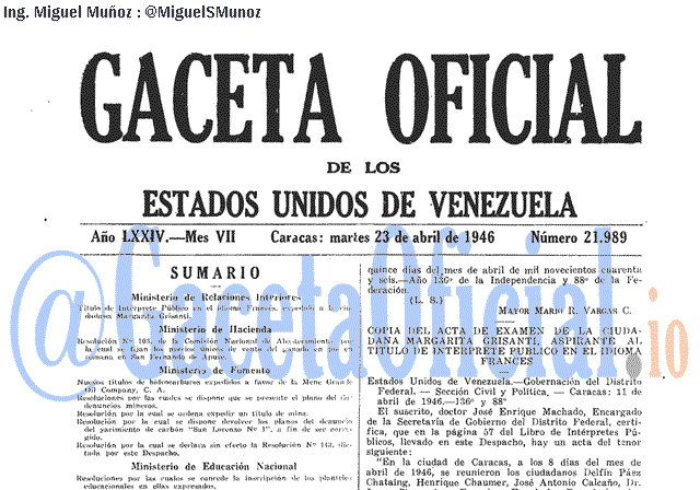 Gaceta Oficial 21989 del 23 Abril 1946