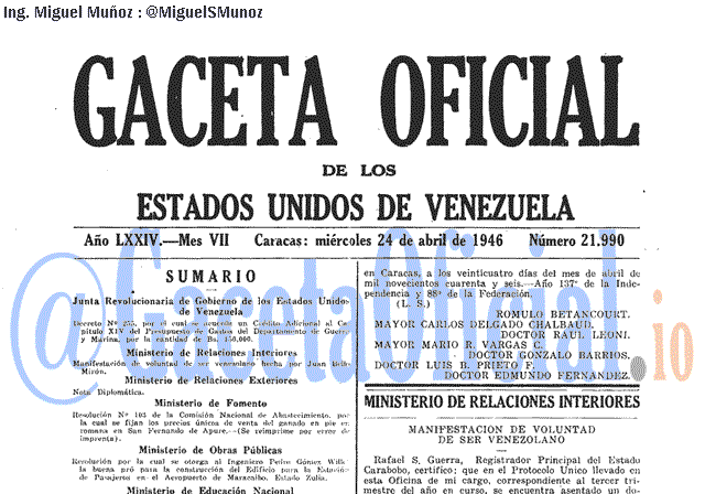 Gaceta Oficial 21990 del 24 Abril 1946