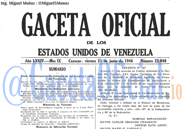 Gaceta Oficial 22040 del 21 Junio 1946