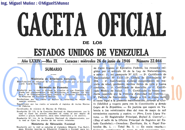 Gaceta Oficial 22044 del 26 Junio 1946
