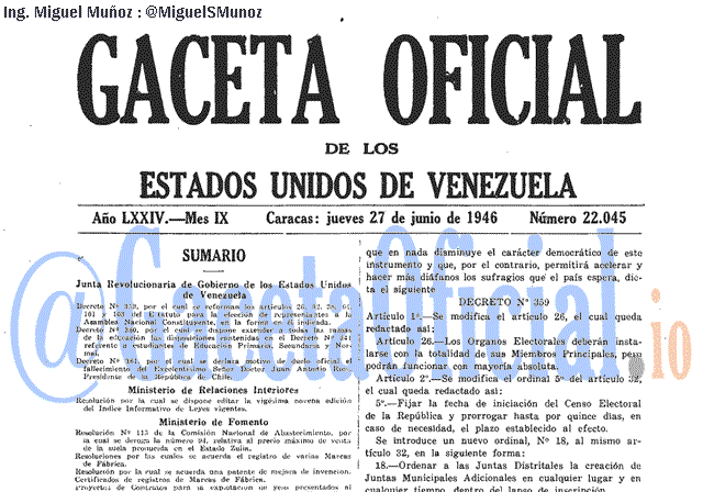 Gaceta Oficial 22045 del 27 Junio 1946