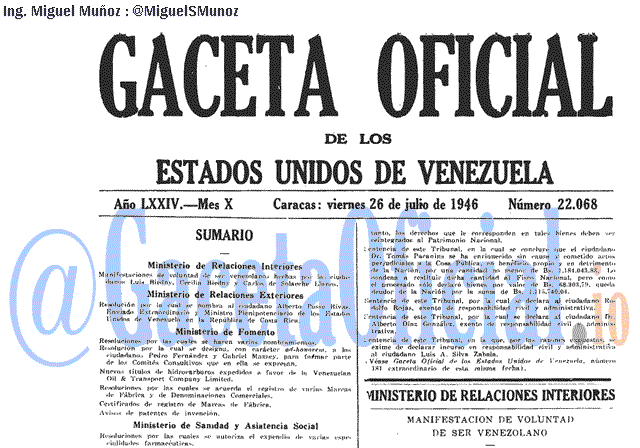 Gaceta Oficial 22068 del 26 Julio 1946